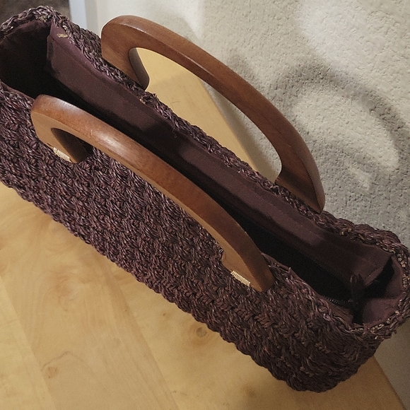 Wooden Top Handle Dark Brown Woven Purse - Picture 5 of 7